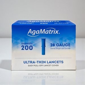 AgaMatrix Ultra-Thin Lancets 28G box of 200, white and blue packaging labelled “Ultra-Thin Lancets 28G” with AgaMatrix logo, showing sterile single-use design for gentle and accurate blood glucose testing.
