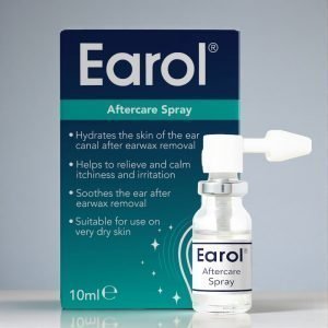 Earol Aftercare Spray 10ml bottle with metered dose spray nozzle and packaging, white and blue box displaying “Earol Aftercare Spray”, suitable for ages 5+, formulated with Sweet Almond Oil for post-wax removal hydration.