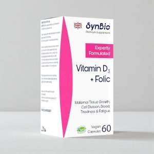 SynBio Premium Vitamin D3 + Folic Acid Capsules bottle, white and green packaging labelled “Vitamin D3 400 IU + Folic Acid 400mcg”, 60 vegan capsules, UK-made supplement supporting bone, immune and maternal health.