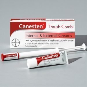 Front view of Canesten Thrush Combi Internal & External Creams pack, white and red packaging displaying clotrimazole strengths 10% and 2%, complete thrush treatment including internal pre-filled applicator and external soothing cream, branded as Canesten Thrush Combi.