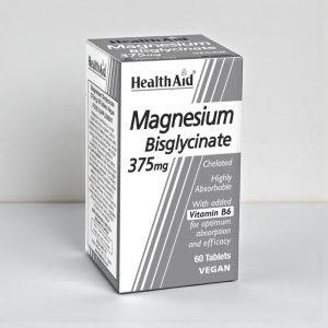 HealthAid Magnesium Bisglycinate 375mg Tablets bottle, white container with white and grey HealthAid branding, displaying “Magnesium Bisglycinate 375mg” text and tablet supplement packaging.