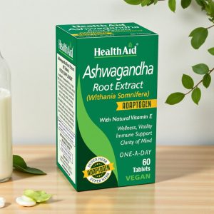 HealthAid Ashwagandha Root Extract Tablets bottle, white container with purple and green HealthAid branding, showing “Ashwagandha Root Extract” text and tablet supplement packaging.