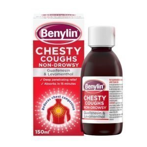 Front view of Benylin Chesty Coughs Non-Drowsy Cough Syrup 150 ml box and bottle. Deep red and white packaging with Benylin logo and text “Chesty Coughs Non-Drowsy, Guaifenesin & Levomenthol”. Cough syrup for chesty, mucus coughs that loosens phlegm and clears bronchial congestion.