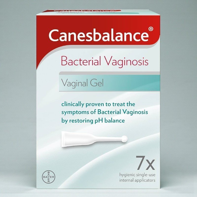 Canesbalance Bacterial Vaginosis Vaginal Gel 7-day treatment pack, white and pink box showing seven single-use applicator tubes, labelled for BV odour and discharge relief, pH-balancing vaginal gel.