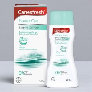 Front view of Canesfresh Feminine Soothing Wash Gel 200ml bottle and packaging, white and teal colour design, labelled “Soothing Gel Wash” for intimate cleansing and irritation relief.
