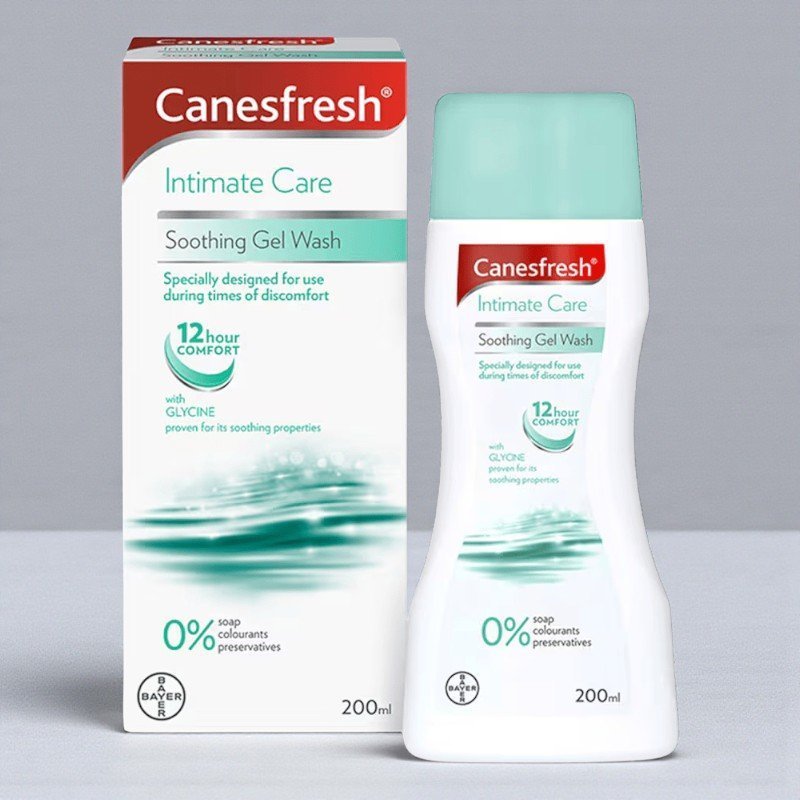 Front view of Canesfresh Feminine Soothing Wash Gel 200ml bottle and packaging, white and teal colour design, labelled “Soothing Gel Wash” for intimate cleansing and irritation relief.