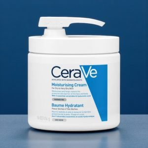 CeraVe Moisturising Cream Pump 454g in white and blue packaging featuring pump dispenser. Label highlights three essential ceramides and hyaluronic acid for dry skin hydration.
