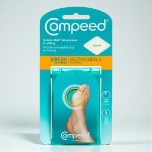 Compeed Bunion Plasters Medium pack showing blue and white packaging with “Compeed Bunion” text and medium-size hydrocolloid foot plasters designed to cushion and protect bunions from pressure and rubbing.