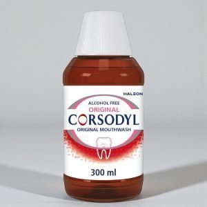 Corsodyl Original Alcohol Free Mouthwash 300ml bottle, white and blue packaging with red Corsodyl branding, labelled chlorhexidine digluconate 0.2% mouthwash for gum disease treatment.