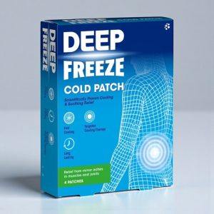Deep Freeze Cold Patches box showing blue and white packaging with snowflake design and text stating cooling relief for back, neck and muscle pain, pack of cold therapy patches.