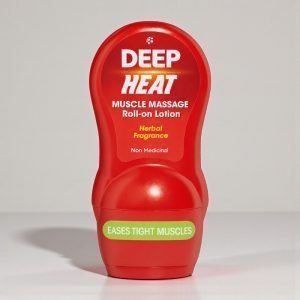 Deep Heat Muscle Massage Roll-On 50ml bottle with red packaging, displaying “Deep Heat” branding and roll-on applicator for targeted muscle pain relief.
