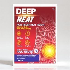 Deep Heat Pain Relief Heat Patches box, predominantly white packaging with red and blue branding, showing heat patch illustration and text “Pain Relief Heat Patch”, pack containing multiple air-activated patches for muscle and joint pain.