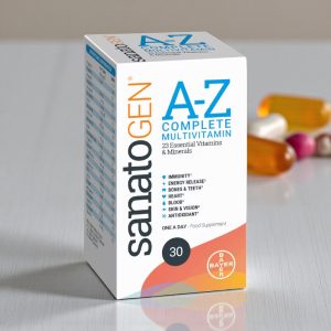 Sanatogen A-Z Complete Multivitamin Tablets 30 pack, white bottle with red and blue label showing “A-Z Complete Multivitamin”, containing one-a-day tablets with 23 vitamins and minerals.