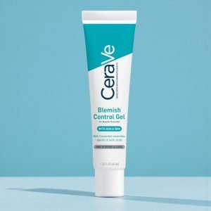 CeraVe Blemish Control Gel 40ml in white and blue packaging, featuring salicylic acid 2% and niacinamide formula for blemish-prone skin, tube displayed upright with product text visible.