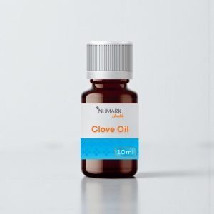Bottle of Clove Oil 10ml in amber glass with dropper cap, labelled “Clove Oil” containing 100% eugenol for temporary toothache relief. Brown and white packaging with dosage instructions visible.