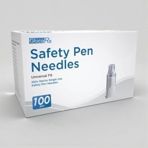 Box of GlucoRx Safety Pen Needles 100, predominantly white and teal packaging with GlucoRx branding, showing “Safety Pen Needles” text and size options 5 mm or 8 mm 30G, insulin safety pen needles with automatic front safety shield for universal fit insulin pens.