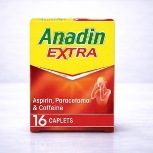 Anadin Extra Caplets box with green and white packaging, displaying the product name “Anadin Extra” and pack size, oral pain relief tablets containing aspirin, paracetamol and caffeine.