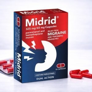 Midrid Migraine Relief Capsules blister pack showing scarlet-coloured capsules, labelled Midrid 325mg/65mg, pack size visible, prescription migraine medicine packaging.