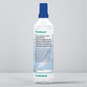 Prontosan Wound Irrigation Solution bottle with blue and white medical packaging, labelled “Prontosan”, showing wound irrigation and cleansing solution, available in 40ml ampoule, 350ml bottle and 1000ml bottle.