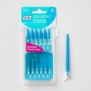 TePe EasyPick M/L interdental cleaning sticks in blue packaging, labelled “EasyPick M/L”, pack showing silicone-coated dental picks designed for medium to large interdental spaces.