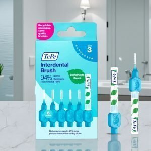 TePe Interdental Brushes Blue 0.6mm pack showing blue colour-coded brushes in clear plastic packaging with TePe branding and size indicator.