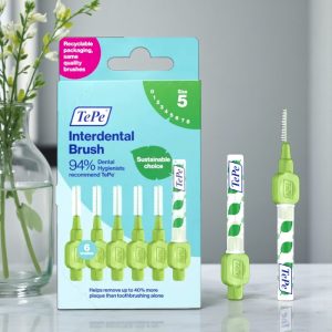 TePe Interdental Brushes Green 0.8 mm ISO 4 pack showing green-handled interdental brushes in clear plastic packaging with TePe branding and size marking.