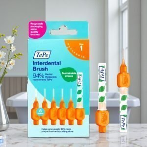 TePe Interdental Brushes Orange 0.45 mm pack showing orange-coloured handles and fine interdental brush heads, labelled TePe Interdental Brushes for small gaps.