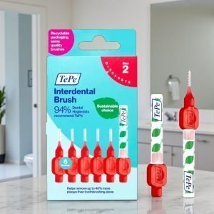TePe Interdental Brushes Red 0.5mm pack showing red-handled interdental brushes with protective caps, labelled TePe Interdental Brushes Red, pack size visible on blue and white packaging.