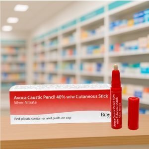 Avoca Wart & Verruca Treatment 40% Stick in red plastic container with push-on cap, labelled silver nitrate cutaneous stick, wart and verruca remover, single stick pack.