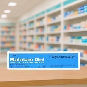 Salatac Gel 8g outer carton in light blue and white with “Salatac Gel” text and Dermal branding, stating salicylic acid 12.0% w/w and lactic acid 4.0% w/w, “complete with special applicator, emery board and instructions”, for warts, verrucas, corns and calluses.