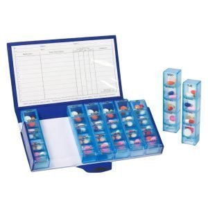7 Day Weekly Pill Organiser Large with removable daily boxes and four compartments per day in clear and coloured plastic tray packaging.