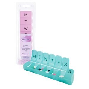 7 Day Weekly Pill Organiser Once Daily plastic medication box with clearly labelled daily compartments in white packaging.
