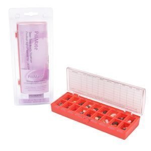 7 Day Weekly Pill Organiser Twice Daily Large clear plastic box with blue lids labelled Monday to Sunday AM and PM compartments.