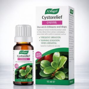 A.Vogel Cystorelief Cystitis Uva-ursi & Echinacea oral drops 15ml bottle with green and white packaging, showing “Cystorelief” and “Cystitis” text, traditional herbal medicinal product for minor urinary complaints.