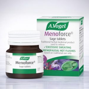 A.Vogel Menoforce Sage Tablets pack of 30. Green and white box with “Menoforce Sage Tablets” text, stating licensed herbal remedy for menopausal hot flushes and night sweats, one-a-day dosage.