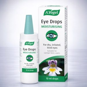 A.Vogel Moisturising Eye Drops 10ml bottle with green and white packaging, labelled “Moisturising Eye Drops” and containing Euphrasia and hyaluronic acid 1mg/ml, preservative-free formula suitable for contact lens wearers.