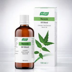 A.Vogel Neem Oil Blend 100ml bottle with green and yellow packaging, labelled “Neem Oil Blend”, containing sweet almond oil and essential oils of bergamot, rosemary and eucalyptus.