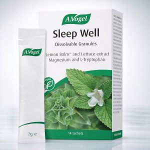 A.Vogel Sleep Well Sachets 14 pack box, purple and white packaging with lemon balm flower graphic and “Sleep Well” text on front, dissolvable sleep support granules with magnesium and L-tryptophan, suitable for ages 12 plus.