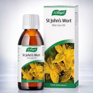 A.Vogel St. John’s Wort Oil 100ml bottle with yellow liquid inside, dark amber glass bottle with white and green label showing “A.Vogel St John’s Wort Oil” text and sunflower imagery on packaging.
