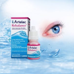 Artelac Rebalance Eye Drops 10ml box and bottle. Predominantly white packaging with blue and red accents, displaying “Artelac Rebalance” text and Bausch + Lomb branding. Lubricating eye drops for chronic dry eye and tear film imbalance.
