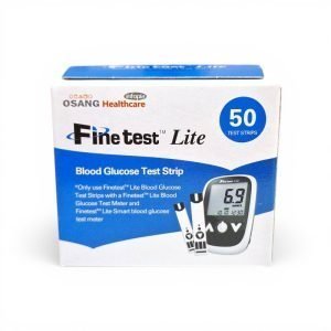 Finetest Lite Blood Glucose Test Strips 50 pack in white and blue packaging with product name and compatibility details.