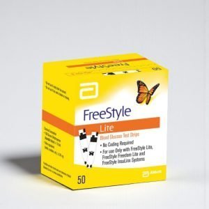 FreeStyle Lite Blood Glucose Test Strips 50 pack in yellow packaging with blue and white text and ZipWik tab branding.