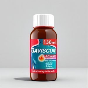 Gaviscon Advance Liquid 150ml bottle with green and white packaging showing “Gaviscon Advance” and “Extra Strength Formula” text for acid reflux and heartburn relief.