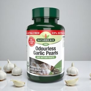 Nature’s Aid Garlic Pearls bottle, typically dark amber or brown plastic container with green and white label showing “Nature’s Aid Garlic Pearls” text, indicating odourless garlic capsules, pack size of 120 capsules.