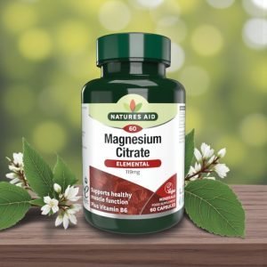 Natures Aid Magnesium Citrate 60 capsule bottle, green plastic container with white label showing “Magnesium Citrate” and “with Vitamin B6” text, vegan supplement manufactured in the UK.