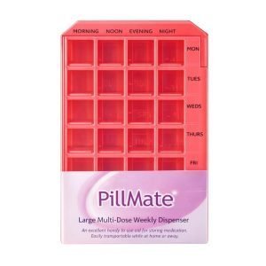 7 day weekly pill organiser with four compartments per day, large tablet box with coloured lids and weekday labels.