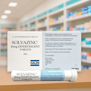 Solvazinc 45mg Effervescent Tablets pack showing the outer carton and tablet containers, zinc deficiency treatment, 90 effervescent tablets supplied as 3 containers of 30, dissolve in water before taking, take after meals.