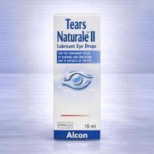 Tears Naturale II Lubricant Eye Drops 15ml bottle with blue and white packaging, showing product name and dry eye relief text on the label.
