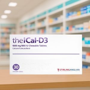 TheiCal-D3 1000mg/880iu Chewable Tablets 30 pack, white and blue box with product name clearly displayed, calcium and vitamin D3 chewable supplement packaging.