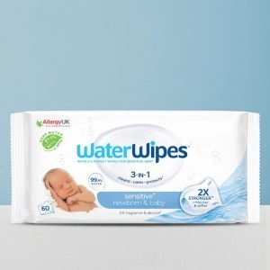 WaterWipes Sensitive Baby Wipes 60 pack in white and blue packaging with 99.9% water label and newborn suitable text.